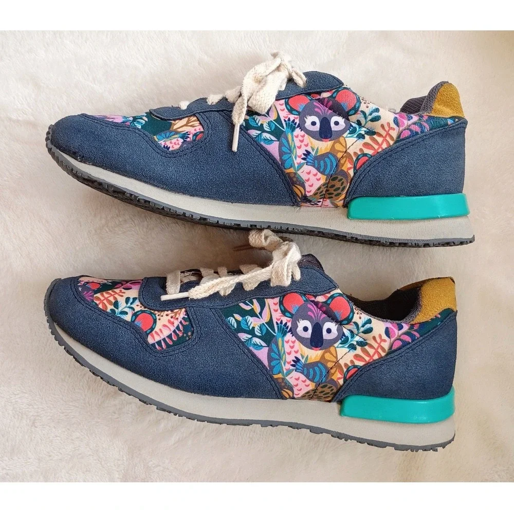 Inkkas Koala Jogger Sneakers Womens 10 Blue Suede Floral Animal Print Shoes